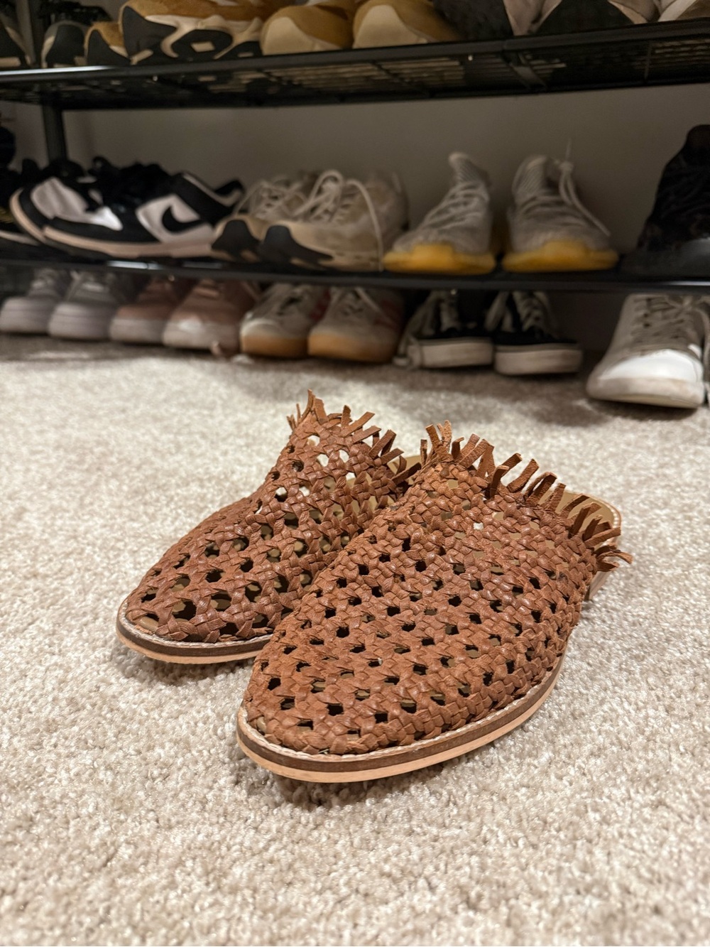 Free People Brown Woven Fringe Slip-On Mules
